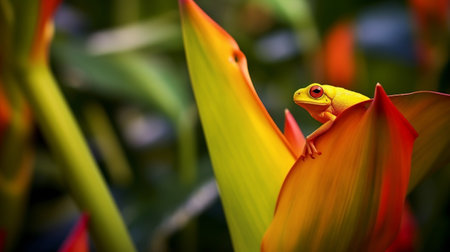 Closeup of a yellow frog on a heliconia plant, Indonesia. Creative resource, AI Generatedの素材