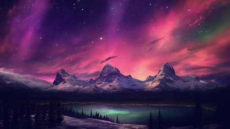 Horrifying Mountains with Aurora Borealis. Fuchsia Sky Establishment with copyspace. Creative resource, AI Generatedの素材