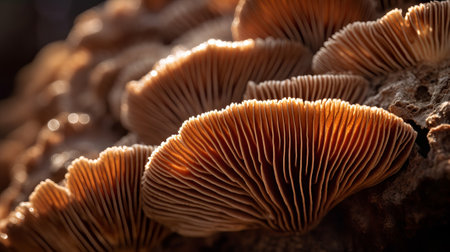 Closeup of portabella mushroom gills. Creative resource, AI Generatedの素材