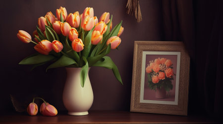 A bouquet of orange tulips in a vase. Diagram with a ad spot cheerful Mother's Day. Creative resource, AI Generatedの素材
