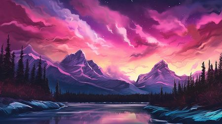Disturbing Mountains with Aurora Borealis. Fuchsia Sky Establishment with copyspace. Creative resource, AI Generatedの素材