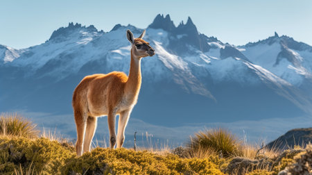 Guanaco in nature, dazzling photo. Creative resource, AI Generatedの素材