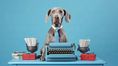 Representation of entertaining puppy Weimaraner dressed as businessman with eyeglasses posing near typewriter over blue studio establishment. Creative resource, AI Generatedの素材