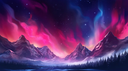 Aggravating Mountains with Aurora Borealis. Fuchsia Sky Foundation with copyspace. Creative resource, AI Generatedの素材