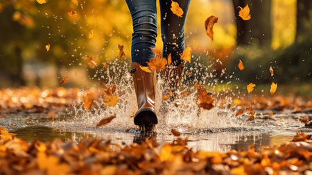 Lady wearing rain flexible boots strolling running and bouncing into puddle with water sprinkle and drops in accumulate time rain. Creative resource, AI Generatedの素材