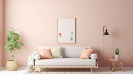 Scandinavian fashion insides with couch and coffe table. Purge divider taunt in moderate insides with pastel colors. Creative resource, AI Generatedの素材