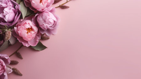 Peonies, roses on pink establishment with copy space. Inquisitively characteristic grow chart organize with substance space. Creative resource, AI Generatedの素材