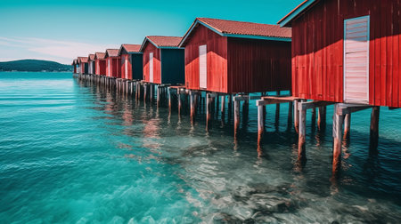 Blue water of ocean with ruddy cabins on shore. Creative resource, AI Generatedの素材