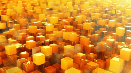 Orange and Yellow, Glinting 3d shapes Precisely Organized to create a Cutting edge Tech See. Creative resource, AI Generatedの素材