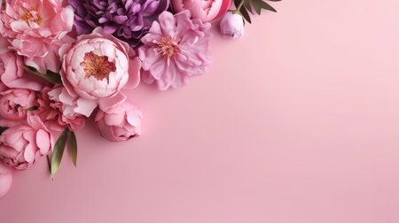 Peonies, roses on pink foundation with duplicate space. Curiously characteristic develop chart organize with substance space. Creative resource, AI Generatedの素材