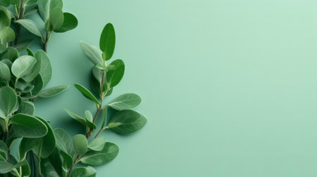 wedding or moms day backgroundgreen eucaliptus takes off over mint green foundation. Creative resource, AI Generatedの素材