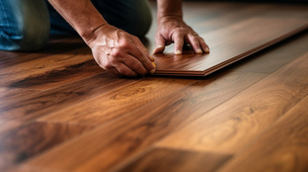 Capable builder man laying cover flooring at household. Creative resource, AI Generatedの素材