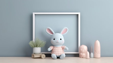 Taunt tv outline with charming rabbit doll 3d insides rendering plan. Creative resource, AI Generatedの素材