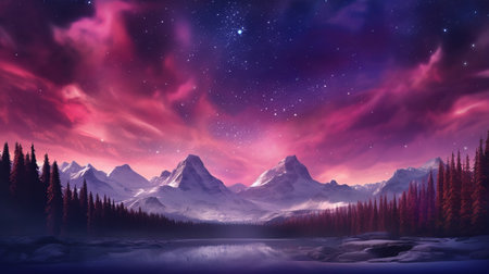 Maddening Mountains with Aurora Borealis. Fuchsia Sky Establishment with copyspace. Creative resource, AI Generatedの素材