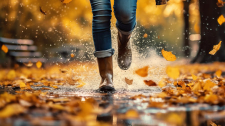 Lady wearing rain versatile boots strolling running and bouncing into puddle with water sprinkle and drops in accumulate time rain. Creative resource, AI Generatedの素材