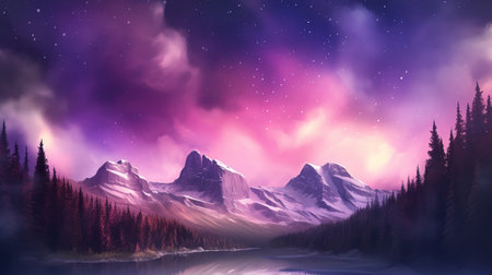 Angering Mountains with Aurora Borealis. Fuchsia Sky Foundation with copyspace. Creative resource, AI Generatedの素材