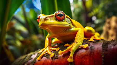 Closeup of a yellow frog on a heliconia plant, Indonesia. Creative resource, AI Generatedの素材