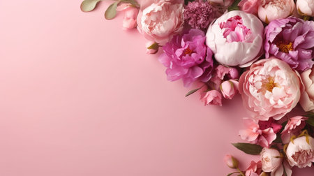 Peonies, roses on pink foundation with duplicate space. Curiously characteristic make chart organize with substance space. Creative resource, AI Generatedの素材