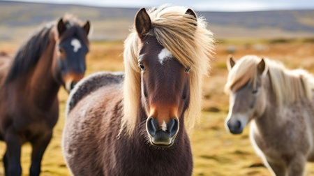The Icelandic horse may be a breed of horse made in Iceland. Closeup Icelandic steeds. Creative resource, AI Generatedの素材