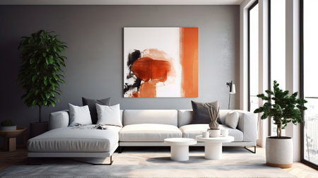 Direct internal parts arrange of living room with love seat and encompassed blurbs. Creative resource, AI Generatedの素材