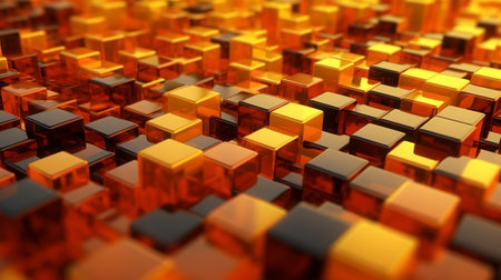 Orange and Yellow, Glinting 3d shapes Precisely Organized to form a Cutting edge Tech See. Creative resource, AI Generatedの素材