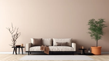 Energize composition of living room insides parts with duplicate space, brown remove chair, in organize vase with office. Creative resource, AI Generatedの素材
