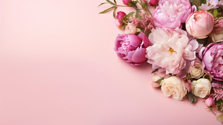 Peonies, roses on pink establishment with copy space. Inquisitively characteristic make chart organize with substance space. Creative resource, AI Generatedの素材