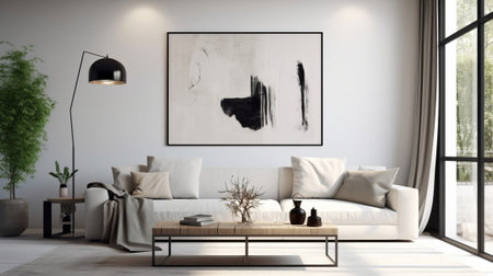 White living room with couch and advertisement spot. Creative resource, AI Generatedの素材