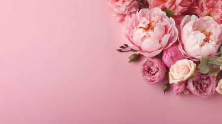 Peonies, roses on pink foundation with duplicate space. Curiously characteristic make chart organize with substance space. Creative resource, AI Generatedの素材