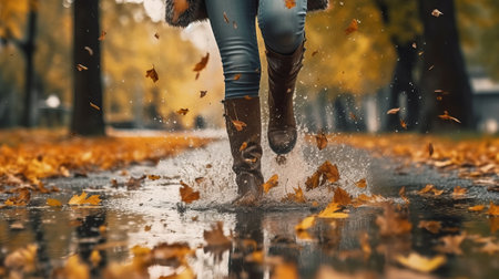 Woman wearing rain flexible boots walking running and bouncing into puddle with water sprinkle and drops in amass time rain. Creative resource, AI Generatedの素材