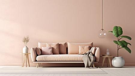 Scandinavian plan inside parts with couch and coffe table. Cleanse divider offended in coordinate inward parts with pastel colors. Creative resource, AI Generatedの素材