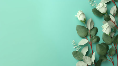 wedding or mothers day backgroundgreen eucaliptus takes off over mint green establishment. Creative resource, AI Generatedの素材