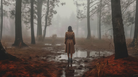 Careful woman standing by timberland in foggy climate. Creative resource, AI Generatedの素材