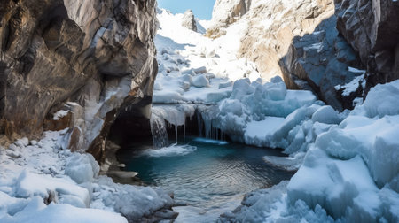 See of softening snow in a cave. Creative resource, AI Generatedの素材