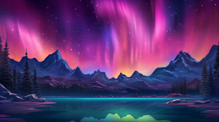 Bothered Mountains with Aurora Borealis. Fuchsia Sky Foundation with copyspace. Creative resource, AI Generatedの素材