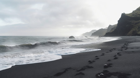See of dim sand shoreline, sea waves. Creative resource, AI Generatedの素材