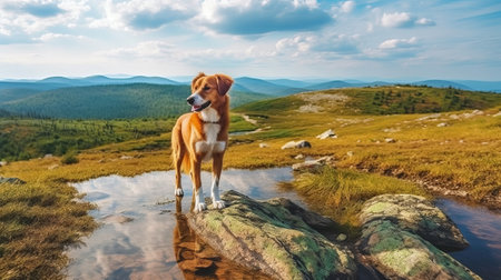 The canine stands in stone on the mountains and looks. Nova Scotia duck retriever in nature, on a travel. Creative resource, AI Generatedの素材
