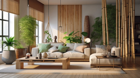 Zen interior parts with pruned bamboo plant, common internal parts organize concept, colored progressed living room, pastel colors, adore organize. Creative resource, AI Generatedの素材