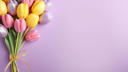 Mother's Day climate thought. Best see composition of bouquets of pink yellow tulips blossoms and colorful hearts doodads. Creative resource, AI Generatedの素材