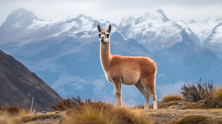 Guanaco in nature, astonishing photo. Creative resource, AI Generatedの素材