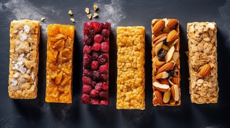 Unmistakable granola bars on table establishment. Cereal granola bars. Superfood breakfast bars with oats, nuts and berries, close. Creative resource, AI Generatedの素材