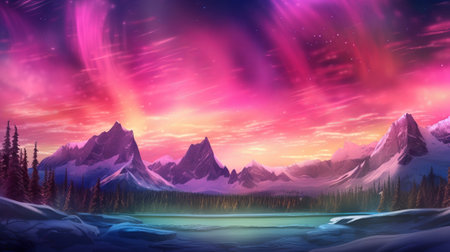 Bothered Mountains with Aurora Borealis. Fuchsia Sky Establishment with copyspace. Creative resource, AI Generatedの素材
