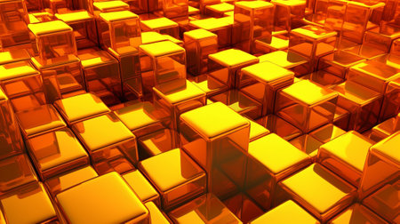 Orange and Yellow, Bursting 3d shapes Completely Organized to form a Cutting edge Tech See. Creative resource, AI Generatedの素材