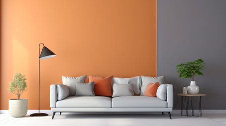 Duplicate space on cleanse white divider of rich living room inside parts with dim and orange facilitate. Creative resource, AI Generatedの素材