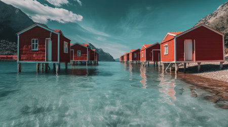 Blue water of sea with rosy cabins on shore. Creative resource, AI Generatedの素材
