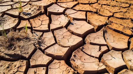 Broken soil in appear hate toward of the truth that dry spell. Environment and environment the issue of dry season. Creative resource, AI Generatedの素材