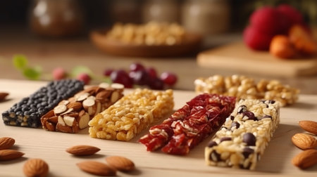 Unmistakable granola bars on table foundation. Cereal granola bars. Superfood breakfast bars with oats, nuts and berries, near. Creative resource, AI Generatedの素材
