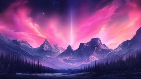 Bothered Mountains with Aurora Borealis. Fuchsia Sky Foundation with copyspace. Creative resource, AI Generatedの素材