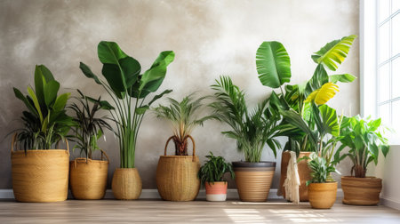 Unmistakable tropical plants in wicker pots close white divider at family. Creative resource, AI Generatedの素材