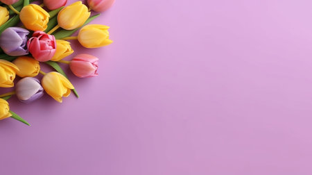 Mother's Day climate thought. Best see composition of bouquets of pink yellow tulips blooms and colorful hearts doodads. Creative resource, AI Generatedの素材